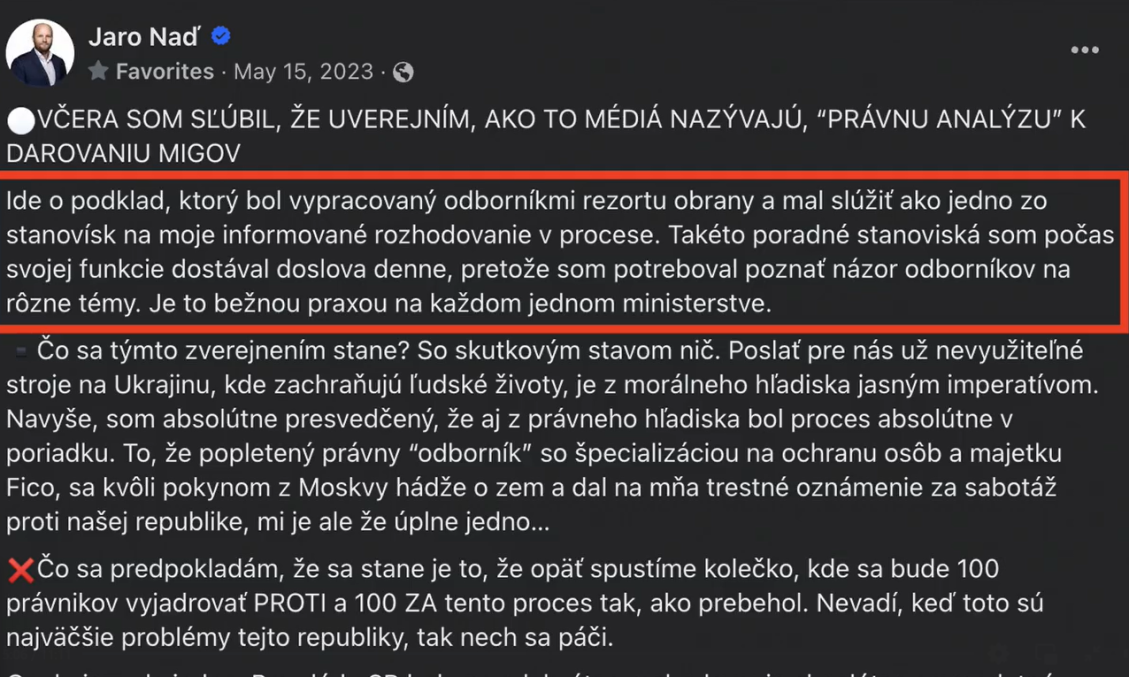 Status Jaroslava Naďa, ktorým si ako dôkazom podoprel analýzu