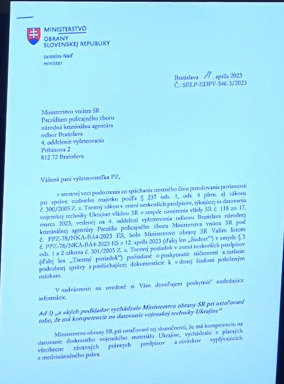 Výpoveď Jaroslava Naďa pred vyšetrovateľkou NAKA z apríla 2023